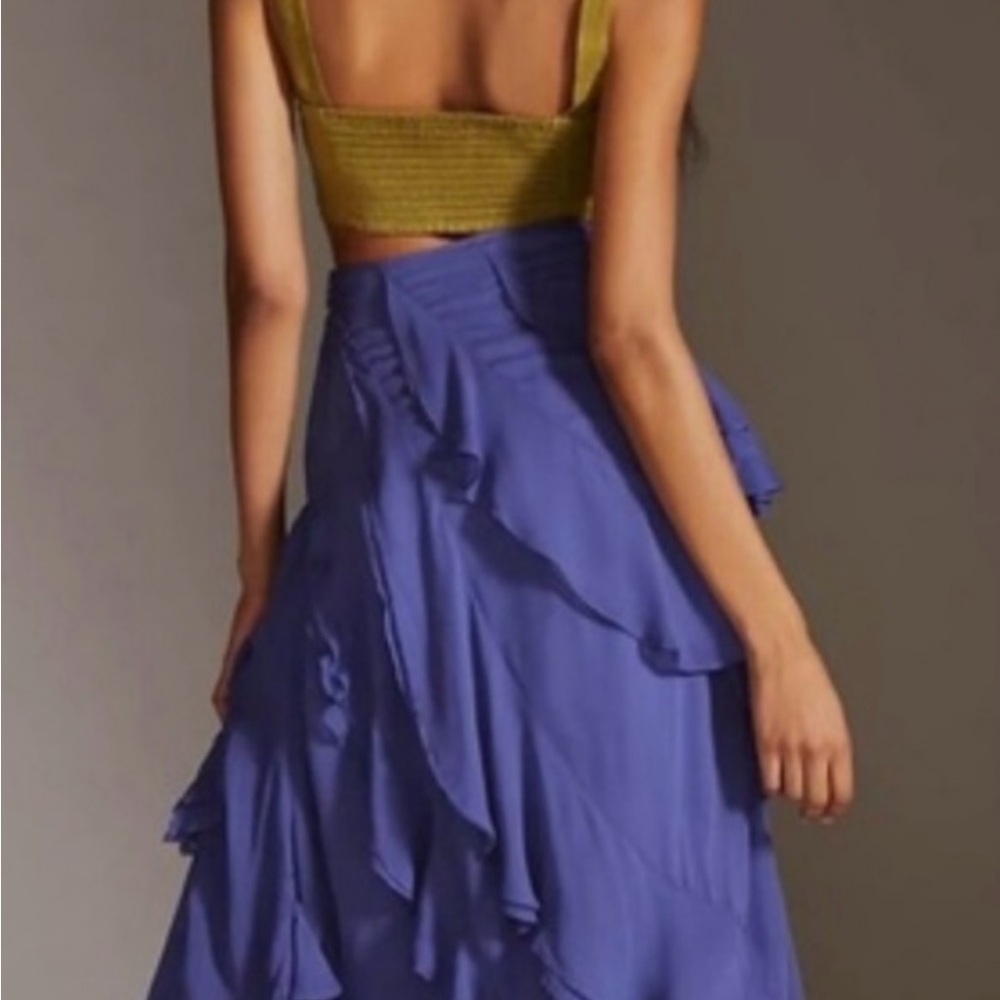 NWT Anthropologie size 2 A-line ruffle slit midi skirt in blue - Picture 3 of 9